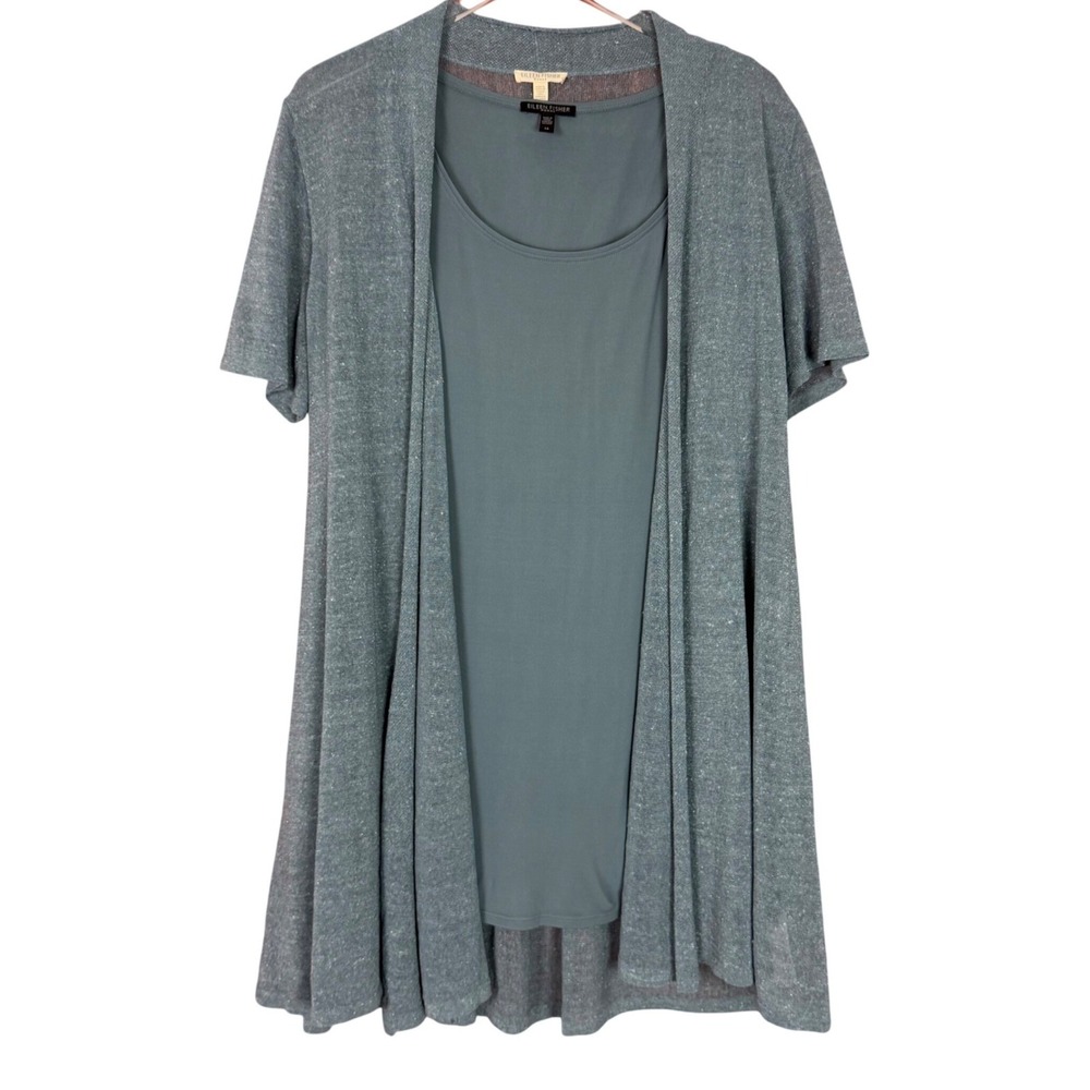 Eileen Fisher 1X Silk Tank & Organic Linen Blend Cardigan Set Blue Green 2pc